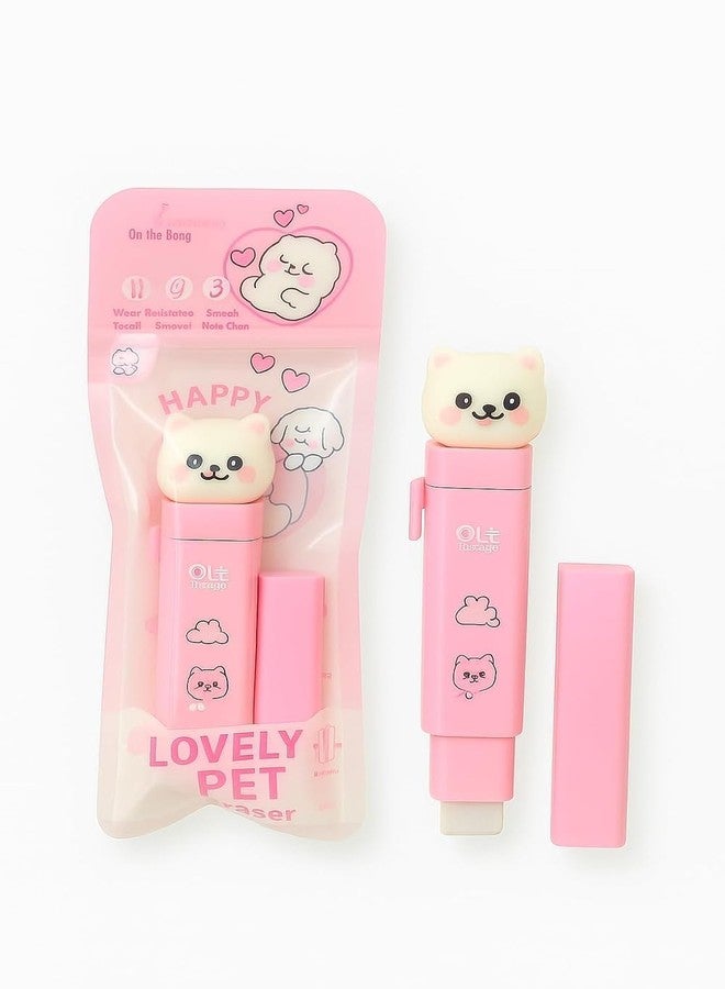Parshya Pink Retractable Stick Eraser with Cute Animal Topper | Mess-Free & Refillable | Unique Kawaii School Supplies for Girls (1-Pack) - Image 1
